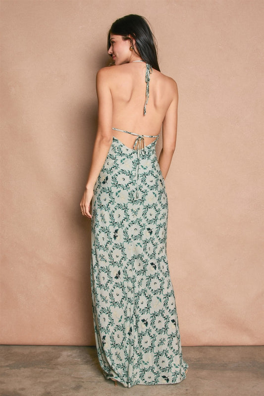 Riviera Fleur Triangle Top Halter Maxi Dress