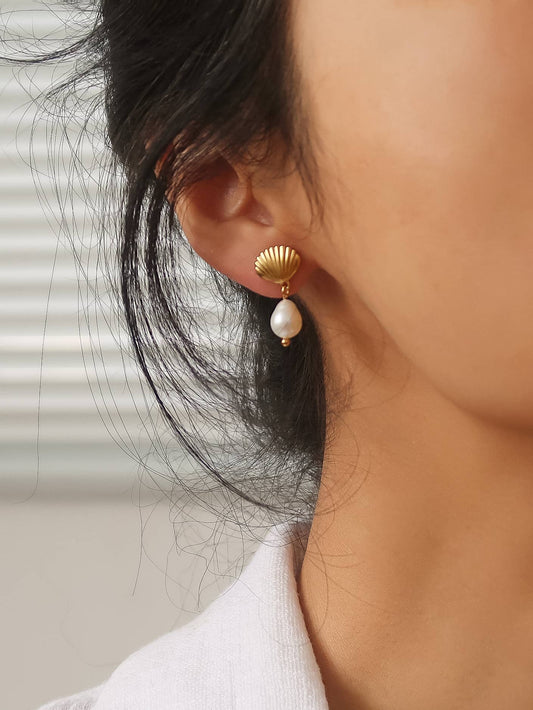 Aurillac 18K Gold Non-Tarnish Petite Shell Pearl Earrings