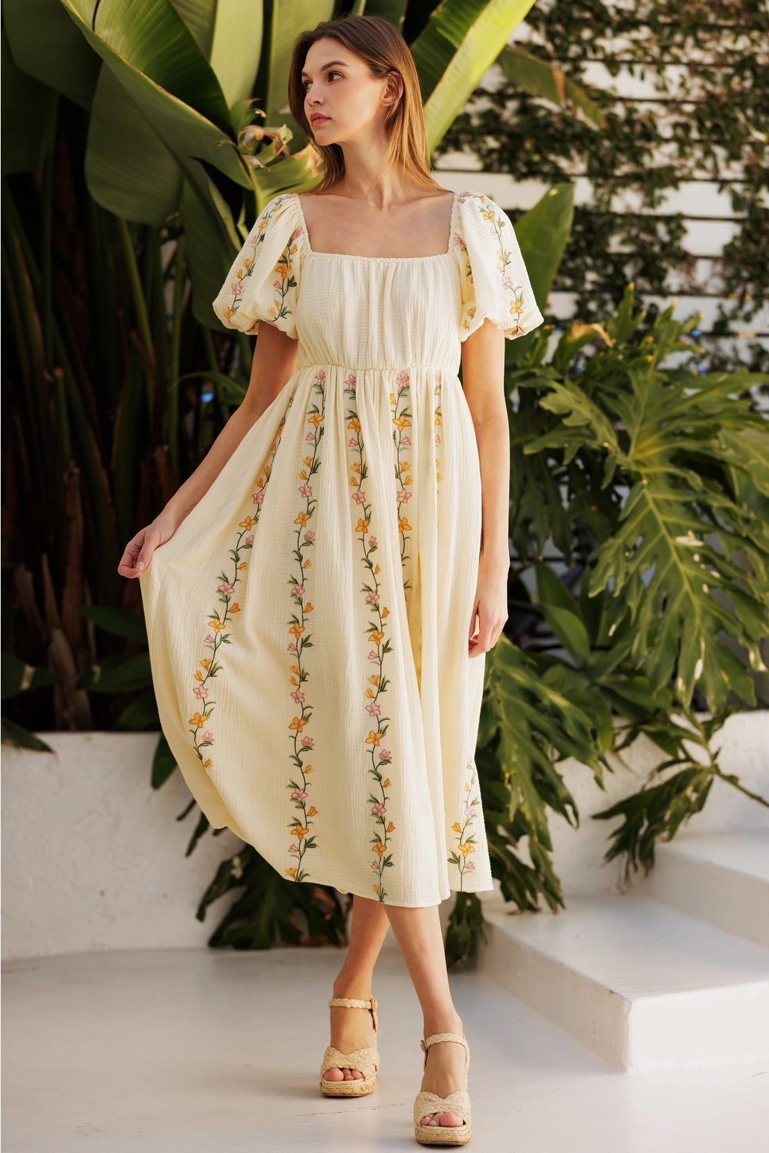 Gretchen Floral Vine Embroidery Midi Dress