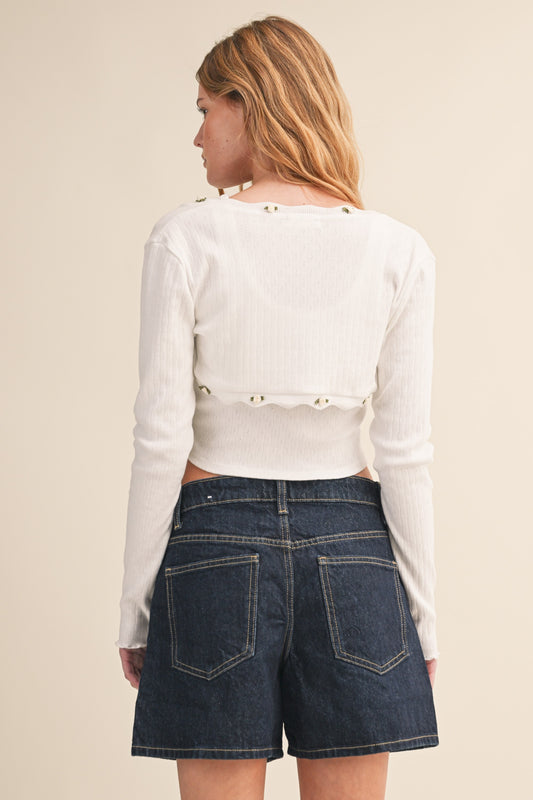 Ziggy Pointelle Rib Cami And Bolero Set W/ Rosette Trim