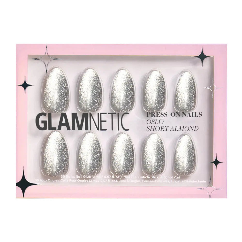 Oslo Press-On Nails | Short Almond | Silver Glossy Nails