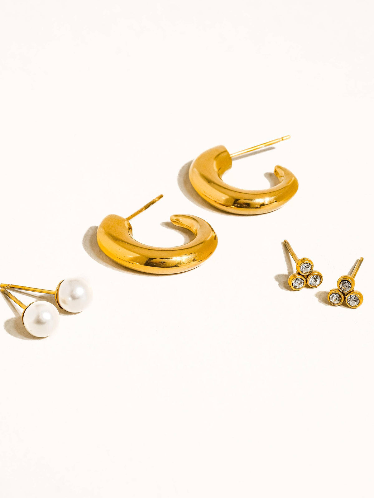 Carine 18K Gold Non-Tarnish Hoops, Pearl, CZ Earring Set