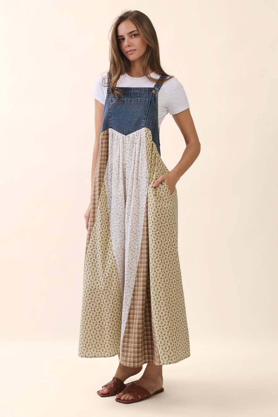 Hazel Mixed Floral And Gingham Patchwork Overall Dress