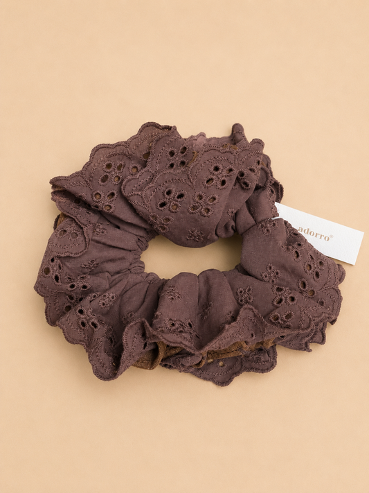 Brown Eyelet and Faux Suede Floral Mega Scrunchies