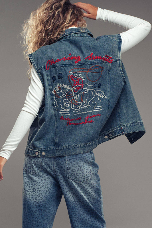 Western Sunset Embroidered Denim Vest