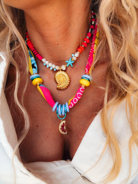 Neon Scarf Necklace & Beaded Shell Necklaces
