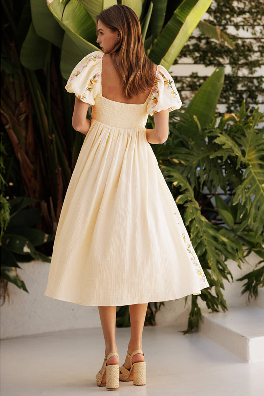 Gretchen Floral Vine Embroidery Midi Dress