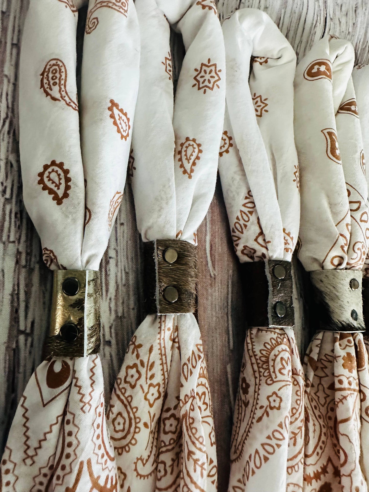 Ivory & Brown Hand Dyed Bandanas With Leather Slides