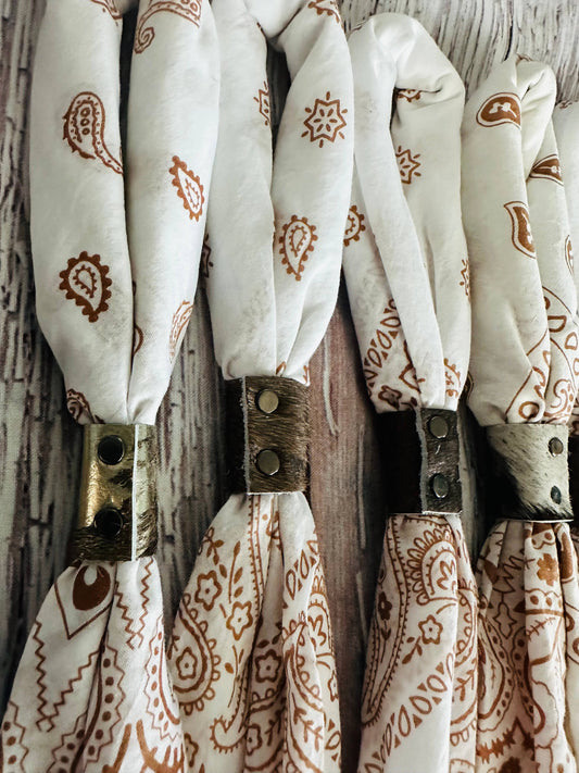 Ivory & Brown Hand Dyed Bandanas With Leather Slides