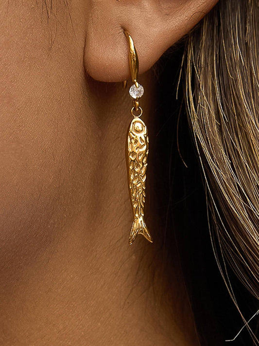 Calypsa 18K Gold Non-Tarnish Fish Charm Drop Earrings