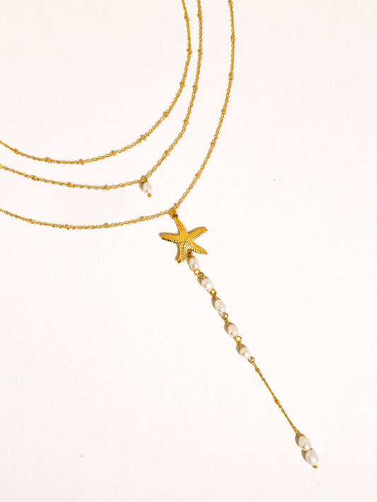 Santorini 18K Gold Non-Tarnish Star & Pearl Layered Necklace