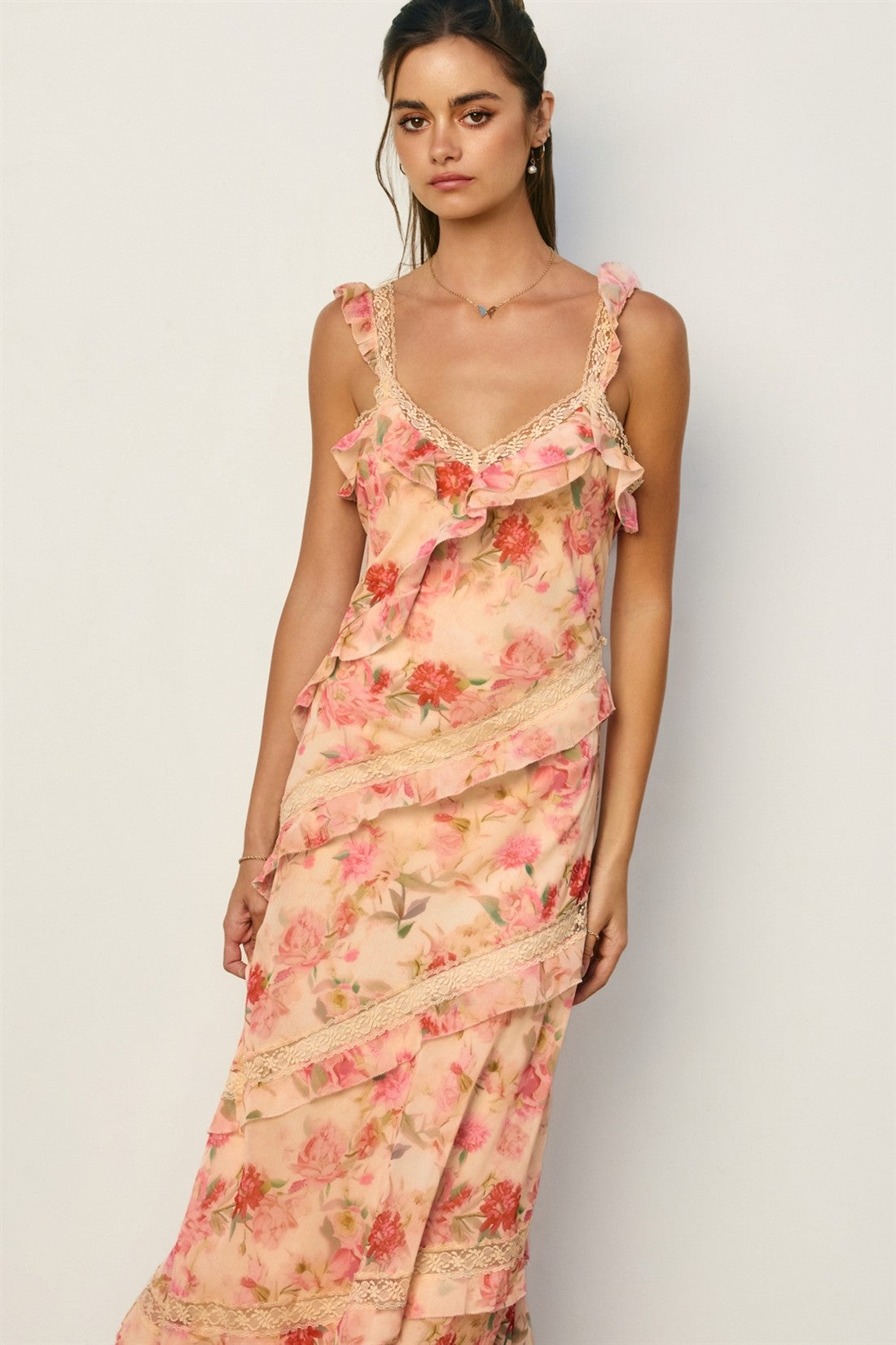 Pastel Promise Diagonal Lace And Ruffles Maxi Dress