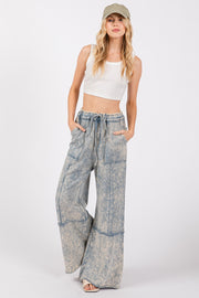 Rhode Mineral Washed Terry Wide Leg Pants - Slate Blue