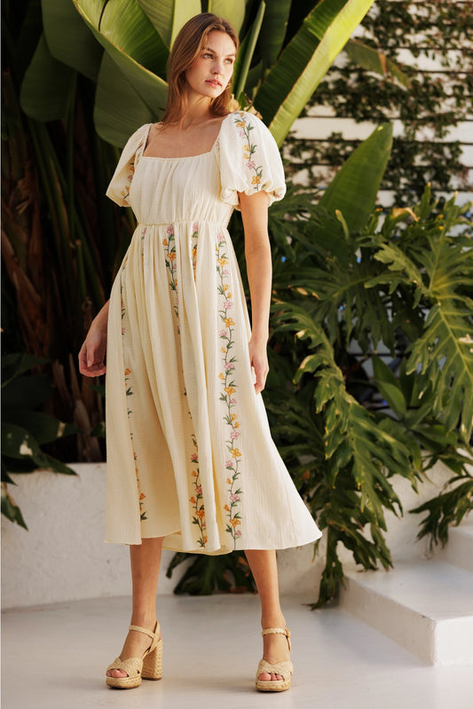 Gretchen Floral Vine Embroidery Midi Dress