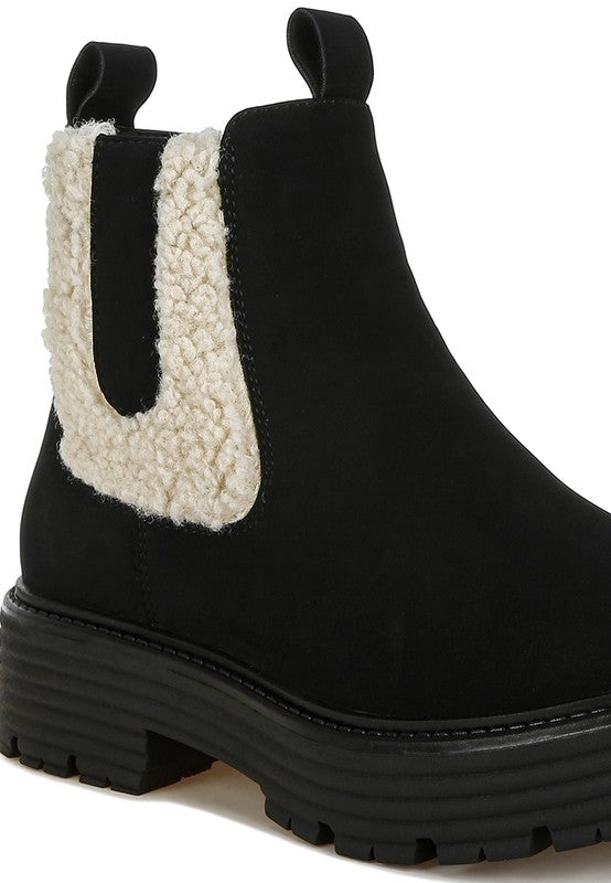 Moth Faux Fur Detail Chunky Ankle Boots