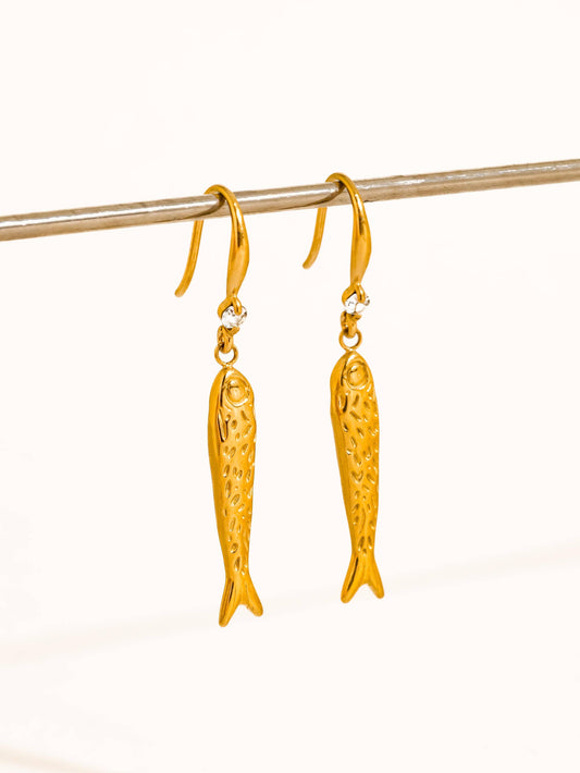Calypsa 18K Gold Non-Tarnish Fish Charm Drop Earrings