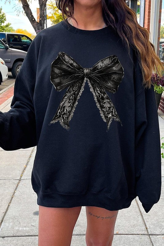 Halloween Coquette Bow Graphic Fleece Sweatshirt