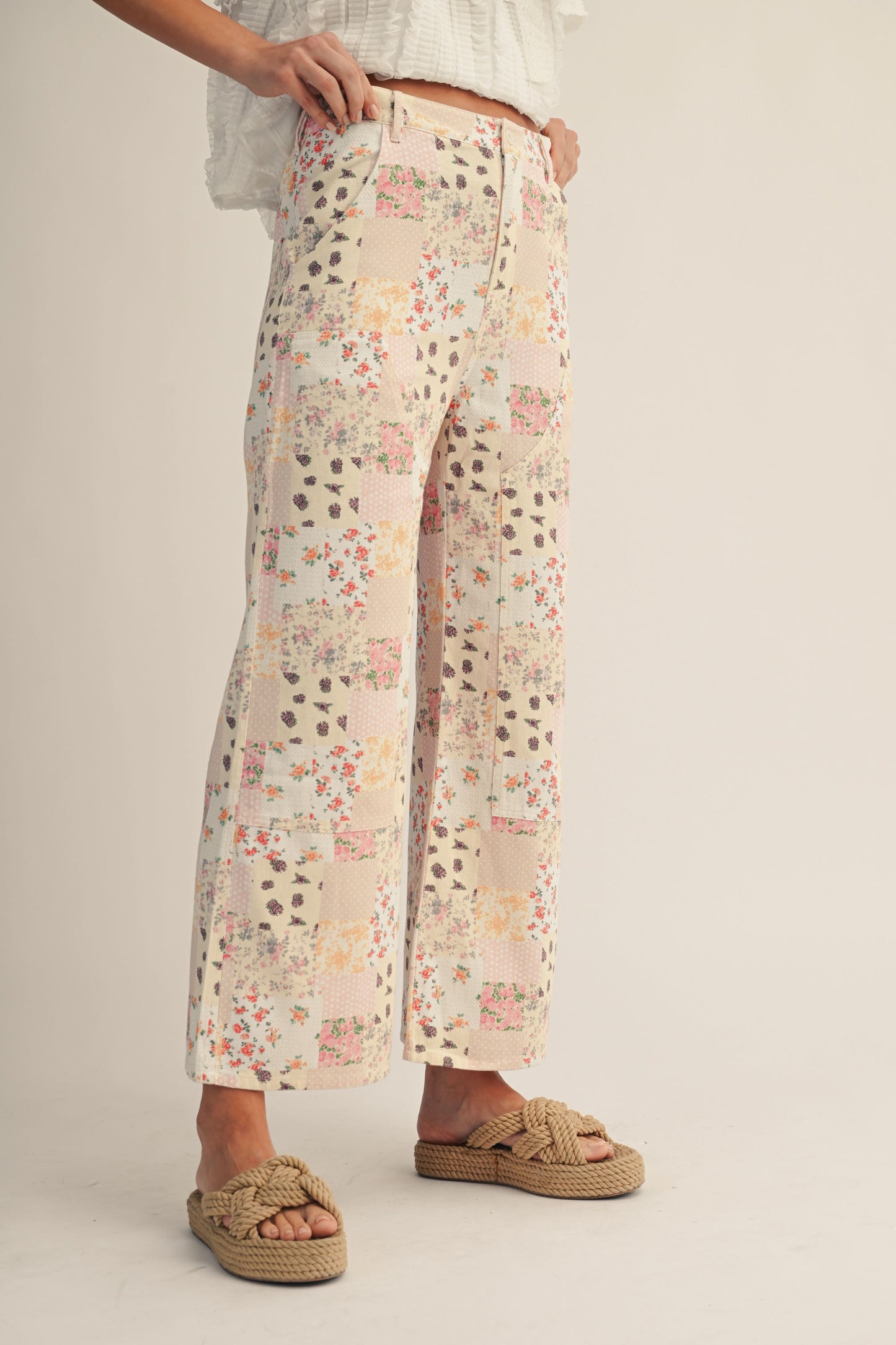 Gracie Pastel Floral Patchwork Wide Leg Pants