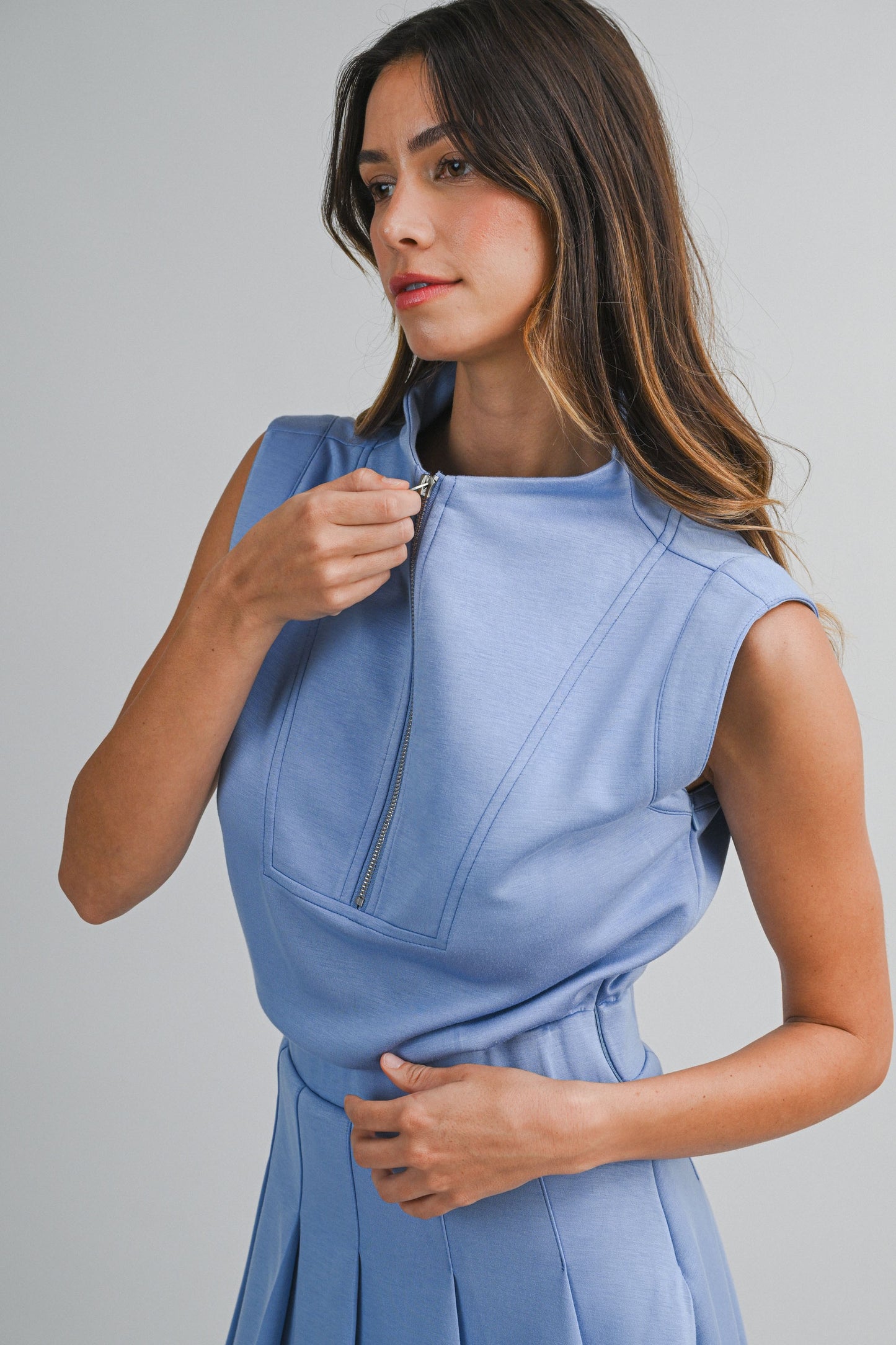 Darla Scuba Mock Neck Pleated Romper