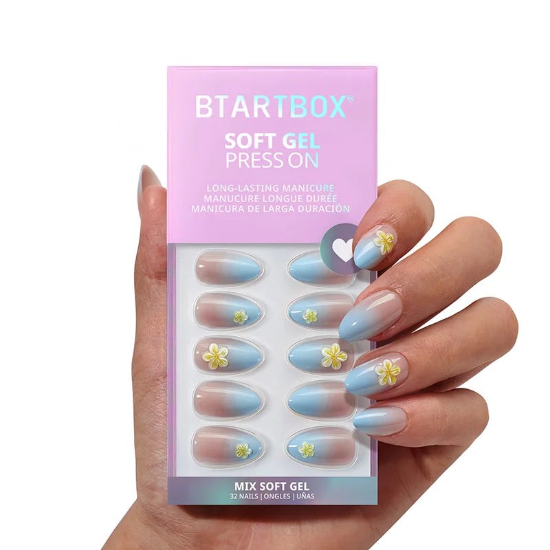 3D Flower Almond Press-On Nails - Soft Gel Blue Ombre