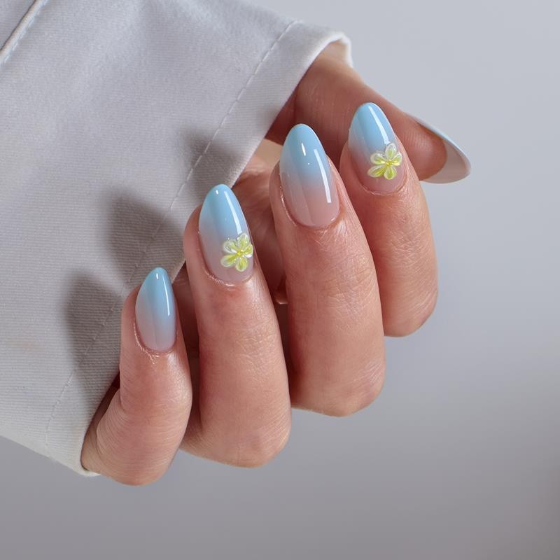 3D Flower Almond Press-On Nails - Soft Gel Blue Ombre