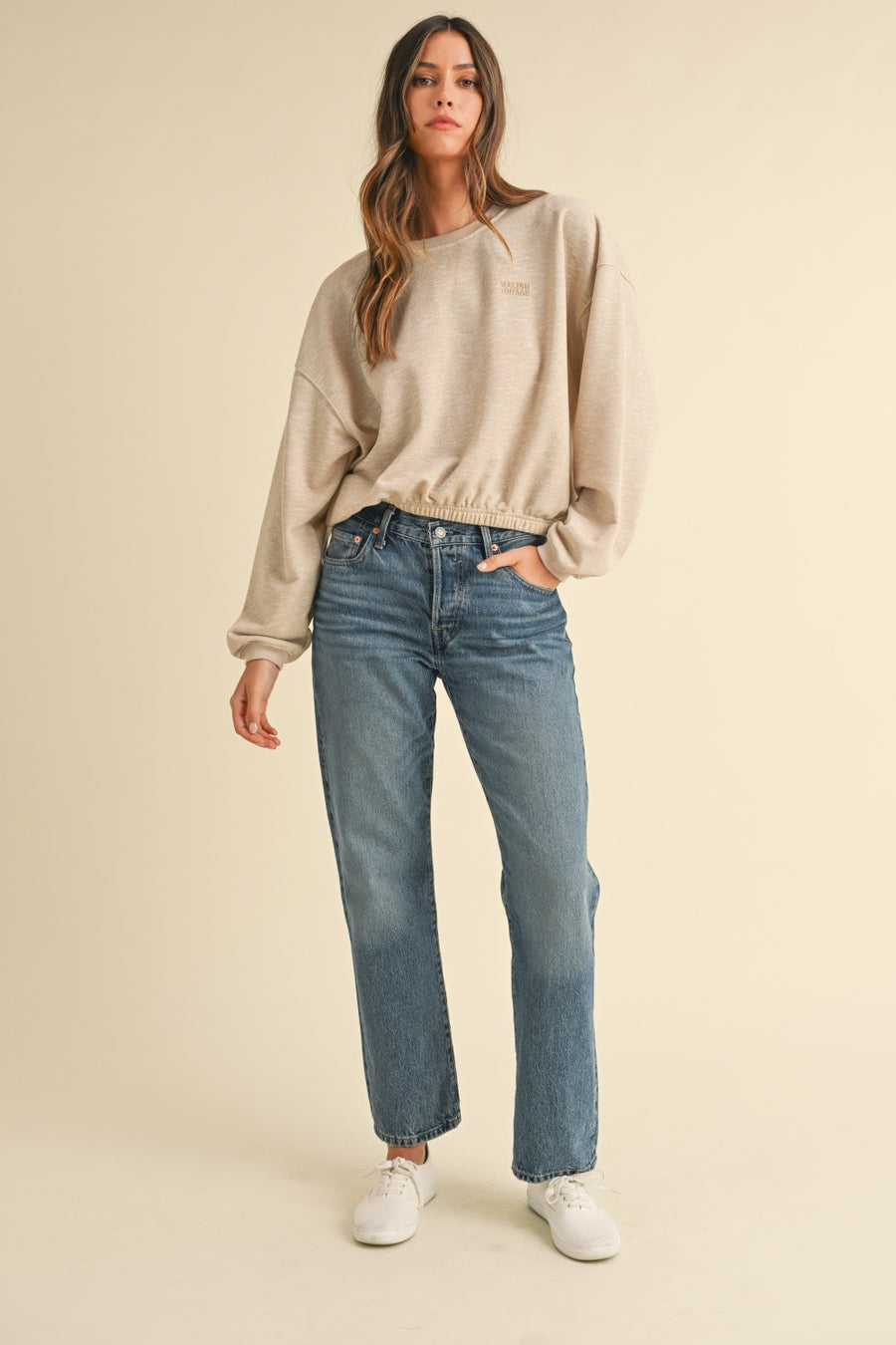 Malibu Vintage Embroidery Crop Sweatshirt - Taupe