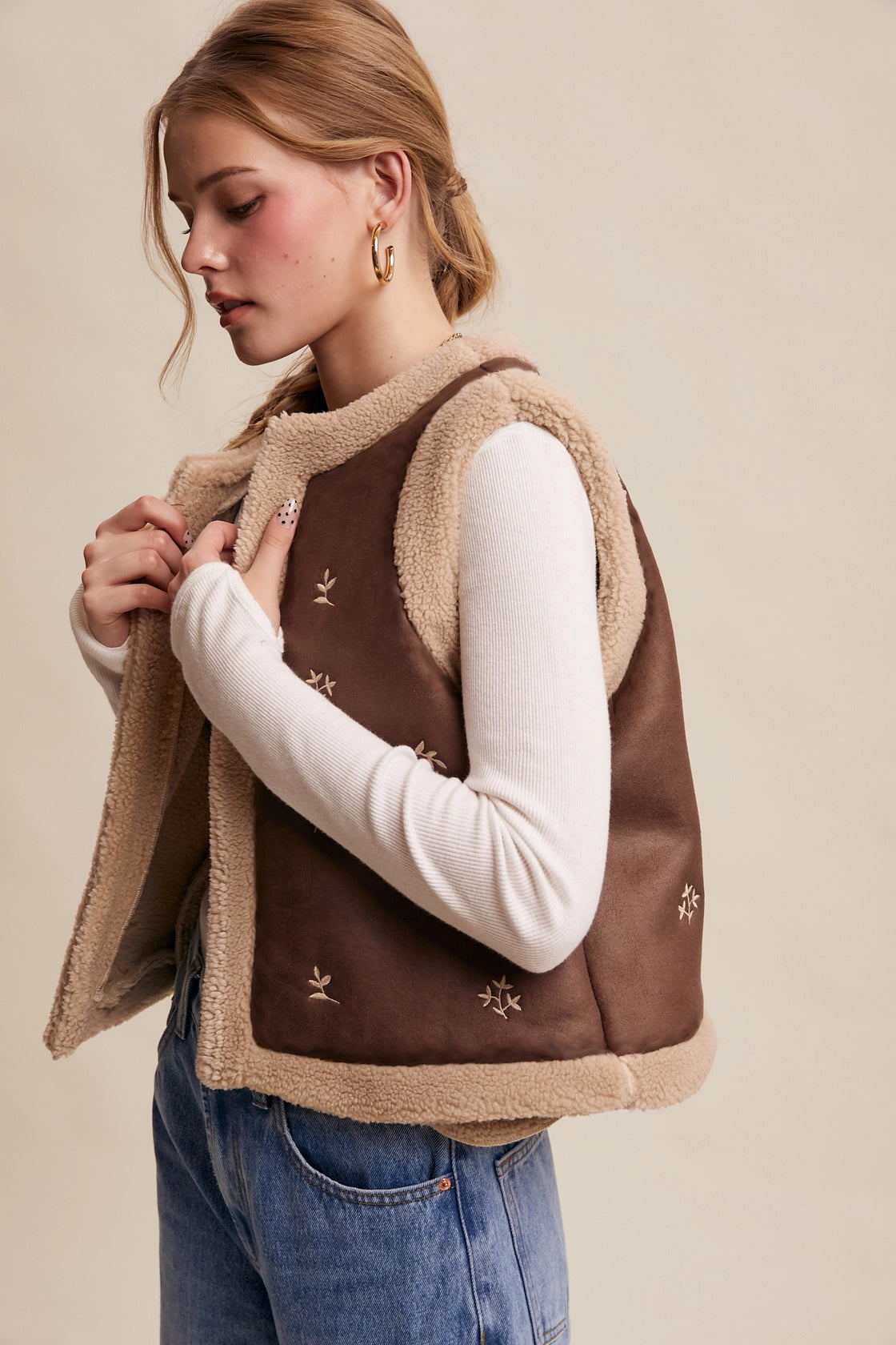 Nelson Embroidered Faux Suede Shearling Vest