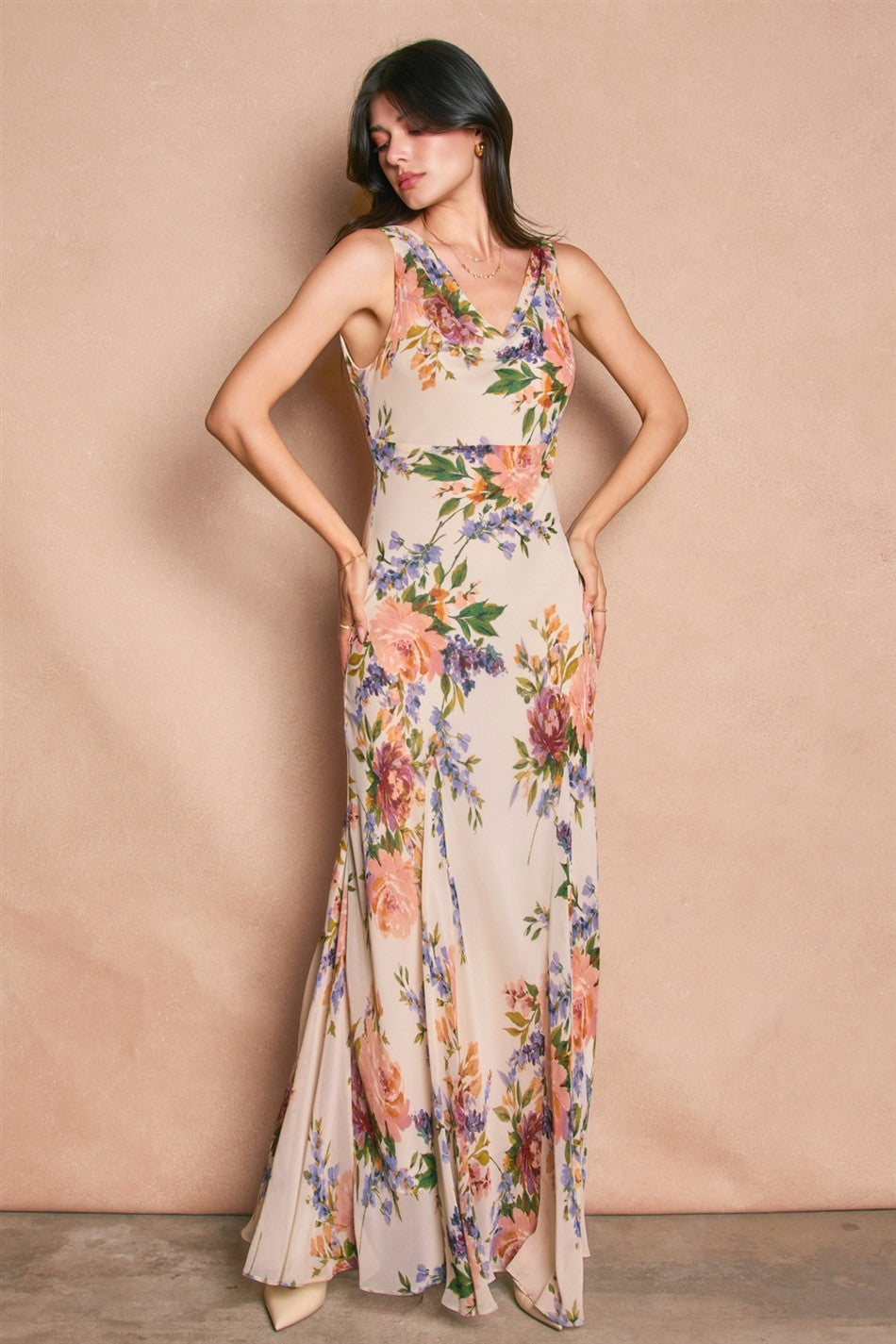 Delicate Affair Cowl Neck Godet Maxi Dress