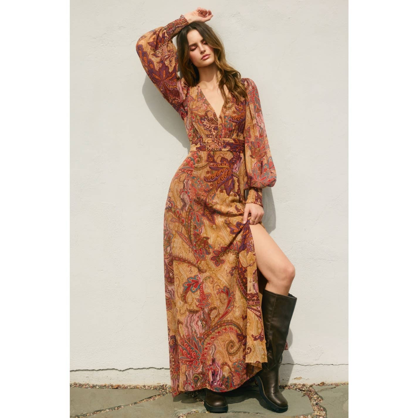 Wishing Well Plunging Pleated Maxi Dress