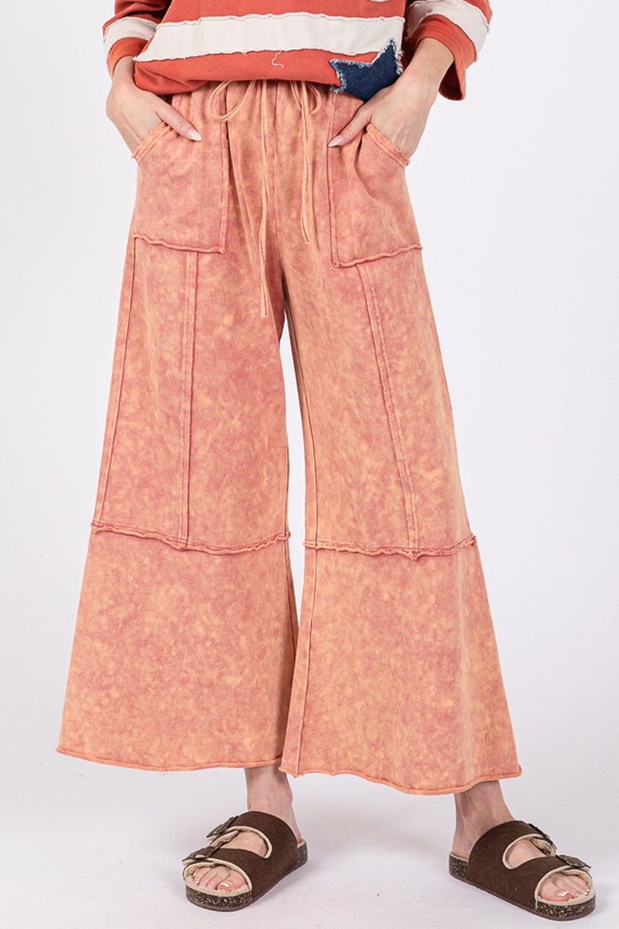 Rhode Mineral Washed Terry Wide Leg Pants - Raspberry