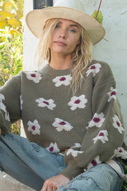 Pull à épaules tombantes et motif marguerites - Olive