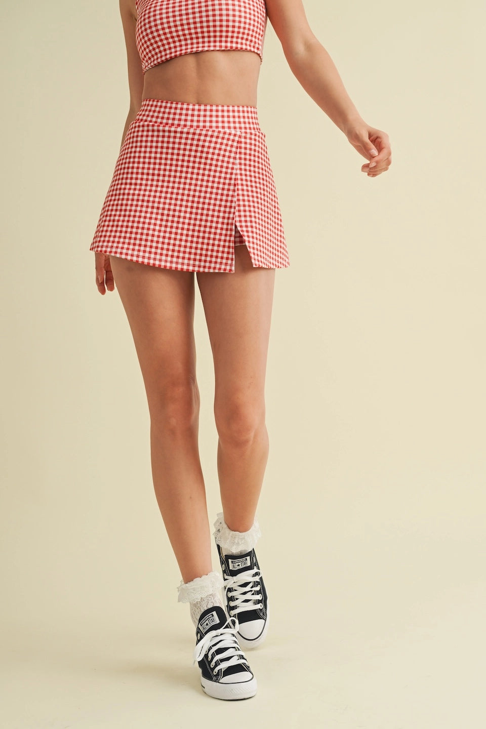 Carly Gingham Print Side Slit Skort