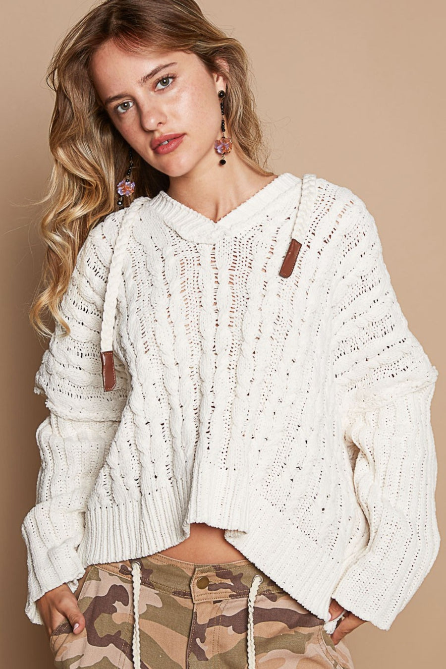 Bryar Hooded Cable Knit Sweater - Cream