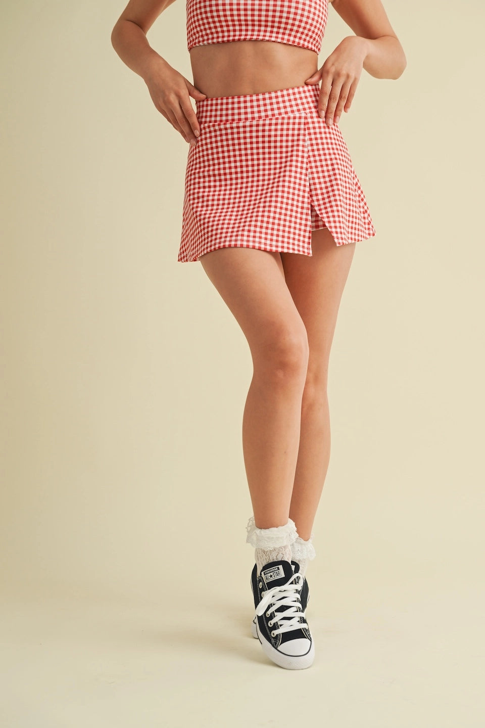 Carly Gingham Print Side Slit Skort