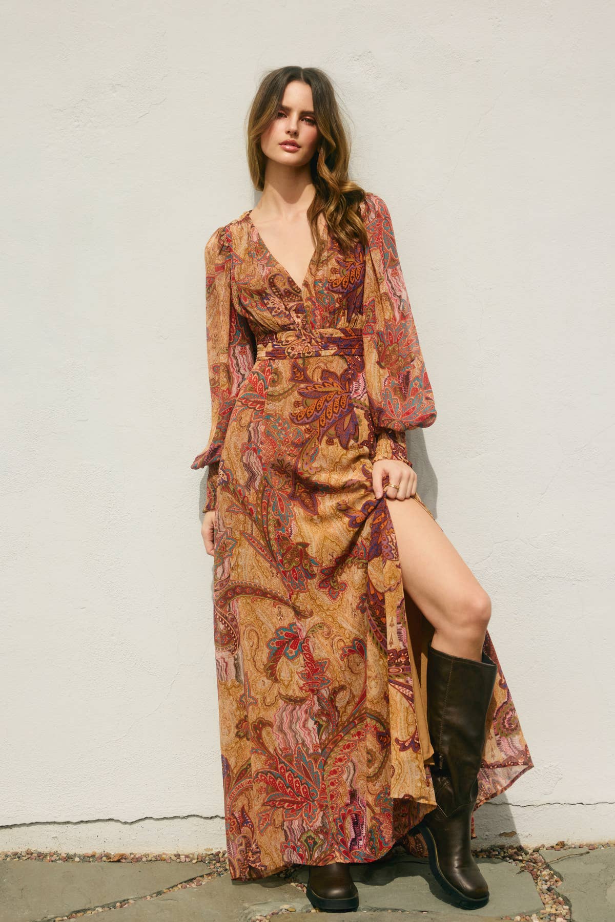 Wishing Well Plunging Pleated Maxi Dress