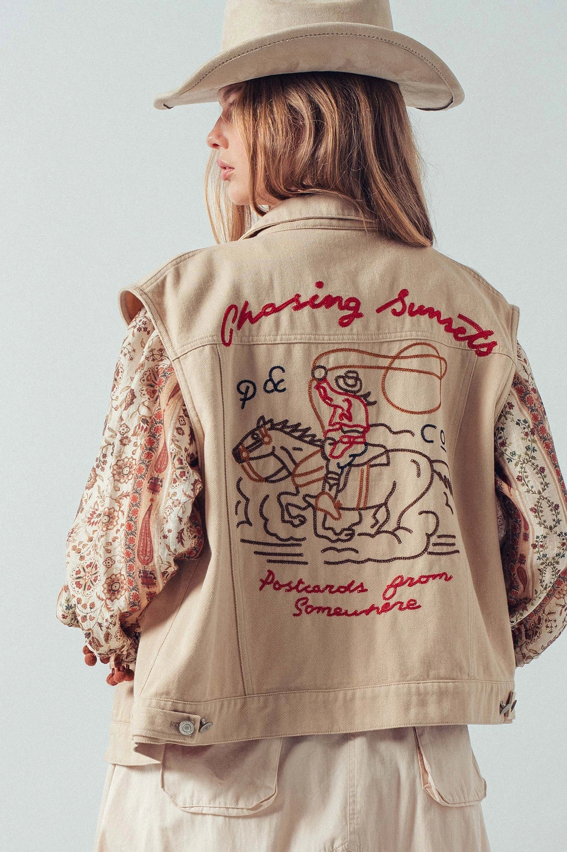 Western Sunset Embroidered Denim Vest