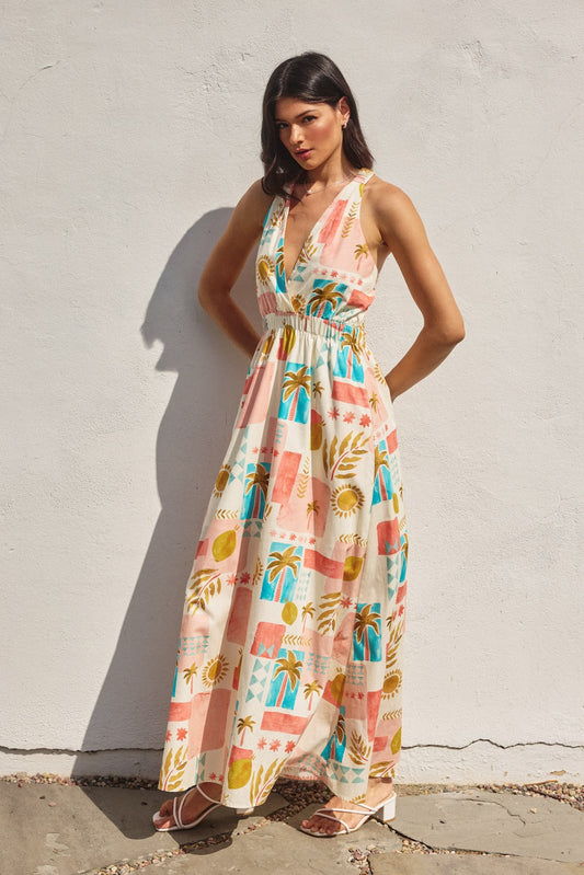 Moroccan Spring Crossed Back Strap Maxi Dress