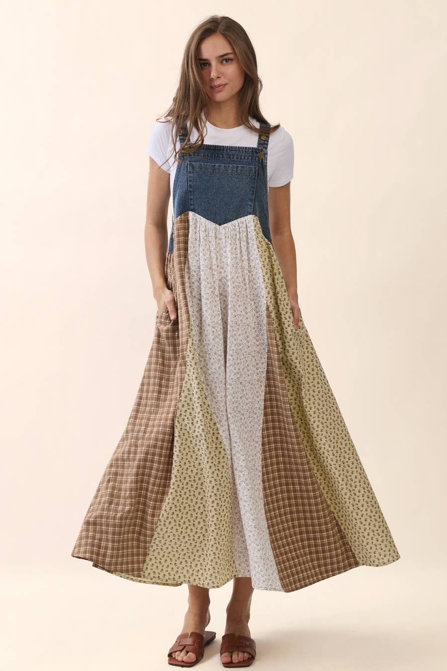 Hazel Mixed Floral And Gingham Patchwork Overall Dress