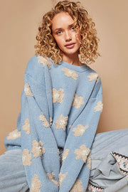 Daisy Pattern Drop Shoulder Sweater - Cornflower Blue