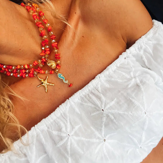 Orange Beaded Semiprecious Chips Necklace - Starfish