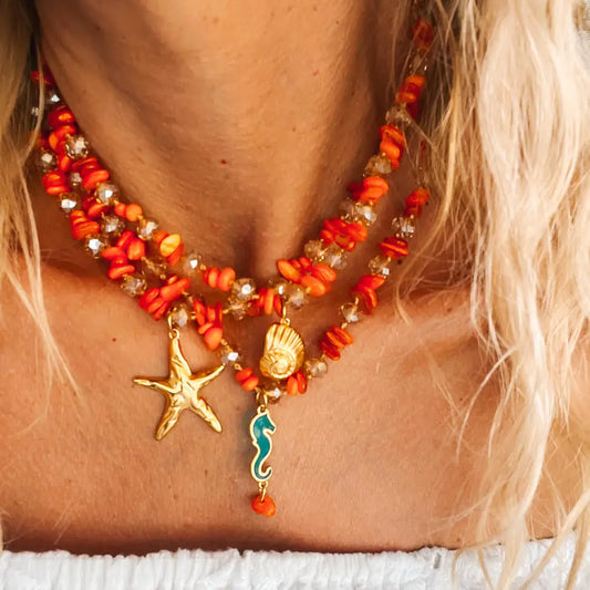 Orange Beaded Semiprecious Chips Necklace - Starfish