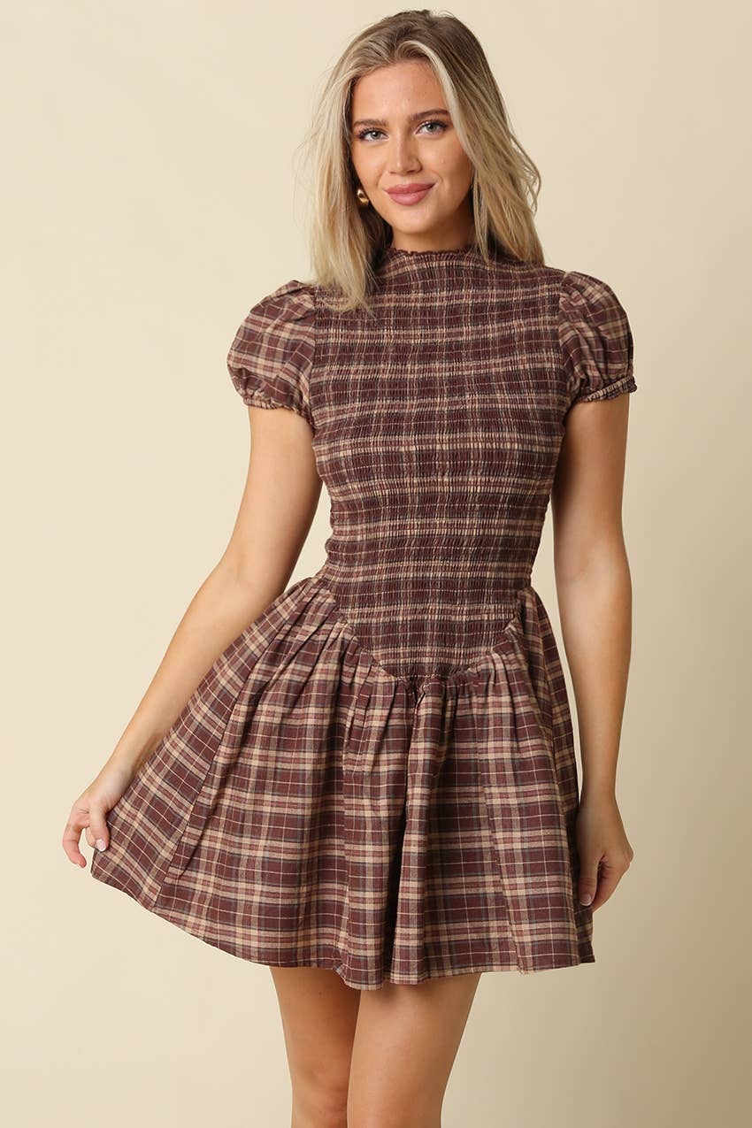 Rinsely Plaid Smocked Mini Dress