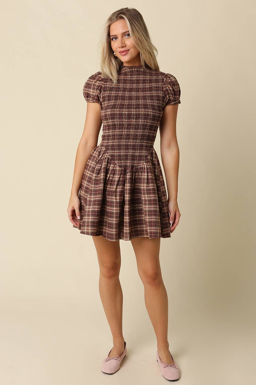 Rinsely Plaid Smocked Mini Dress