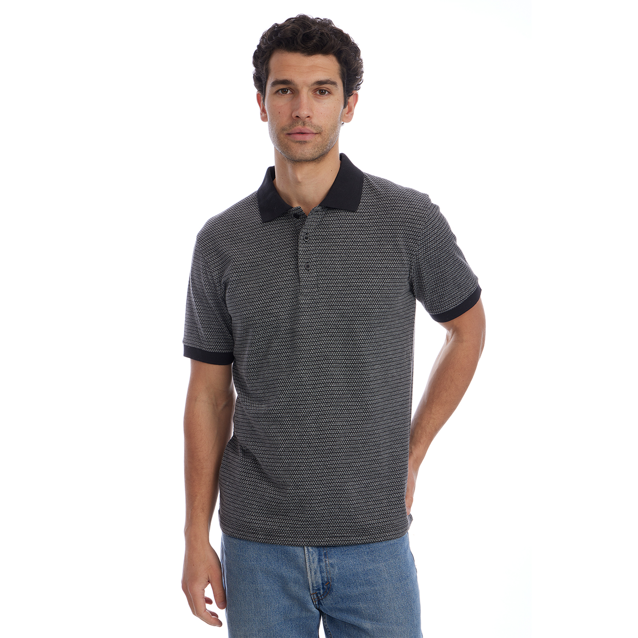 Owen Jacquard Short Sleeve Ribbed Polo - Black