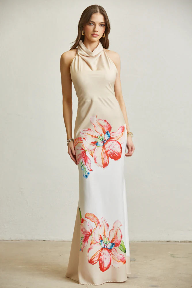 Blossom Cowl Neckline Satin Maxi Dress