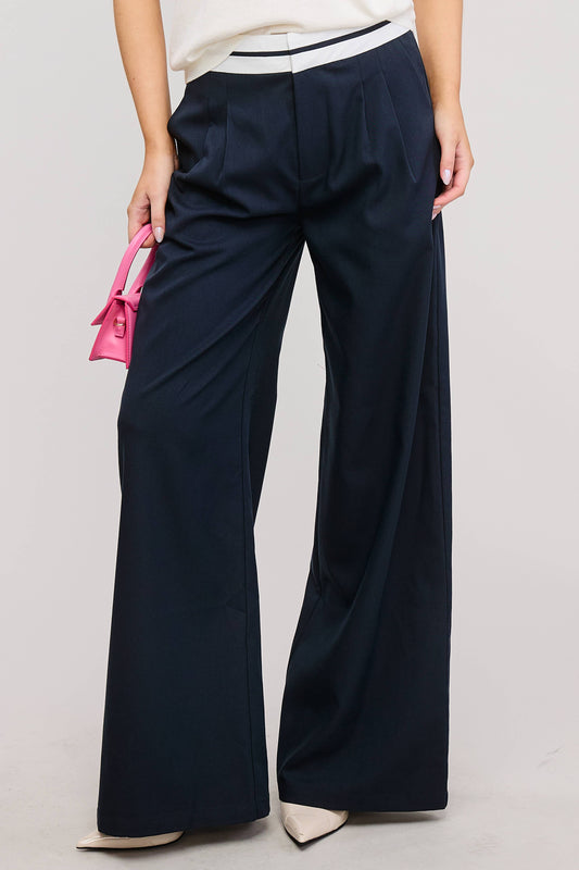 Monica Contrast Waistband Pleated Trouser Pants