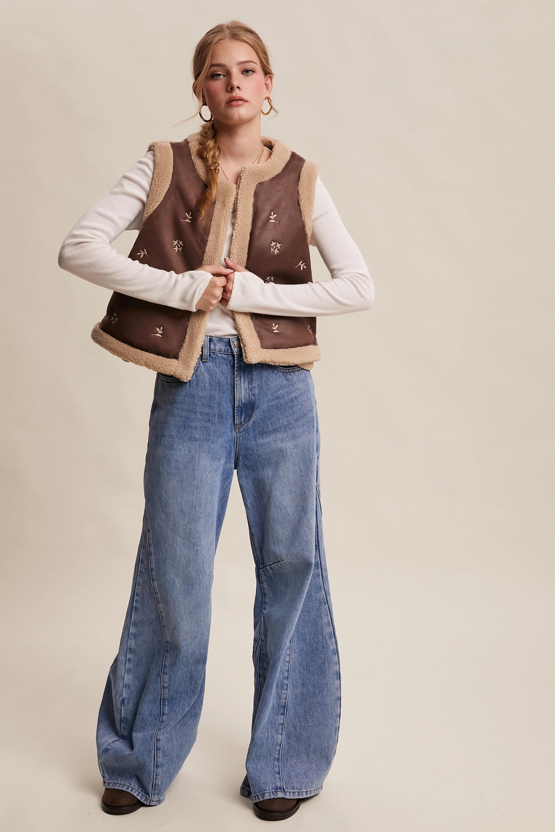 Nelson Embroidered Faux Suede Shearling Vest