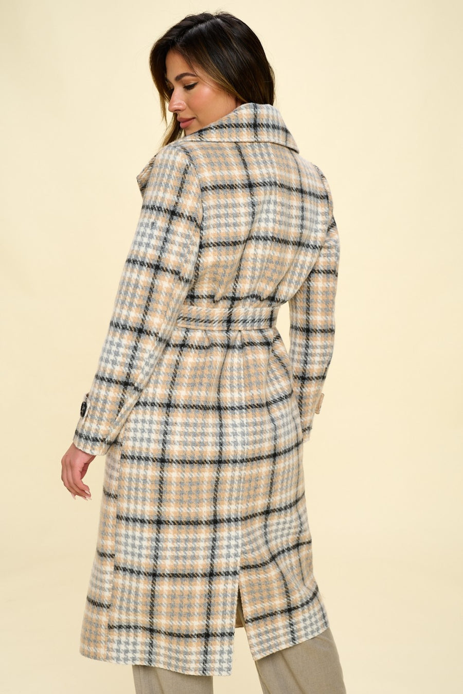 Aiden Double-Breasted Plaid Coat with Belt