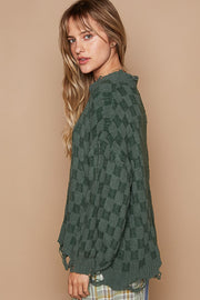 Checkered Distressed Edge Sweater - Forest Green