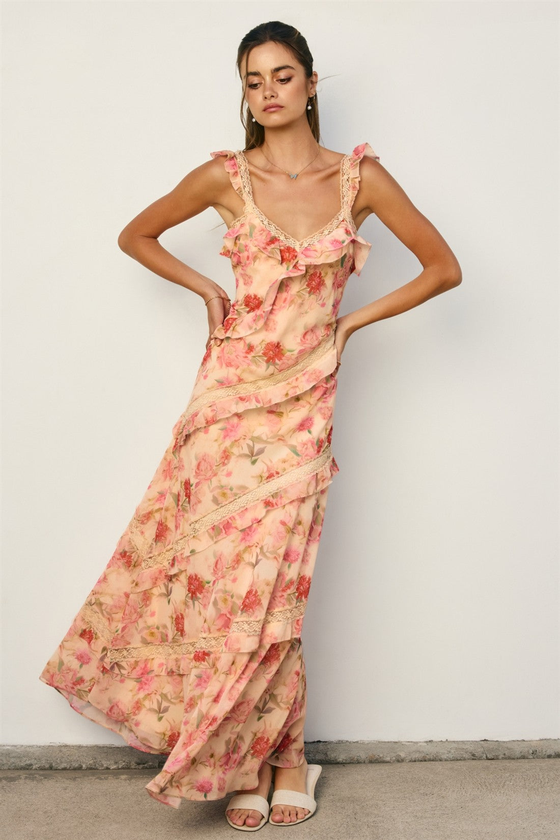 Pastel Promise Diagonal Lace And Ruffles Maxi Dress